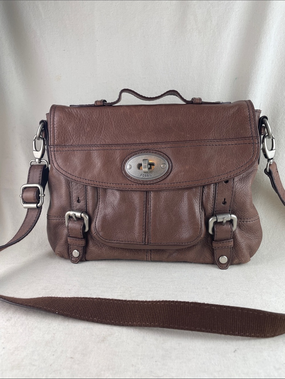 Fossil Brown Leather Messenger Bag with Silver Hardware